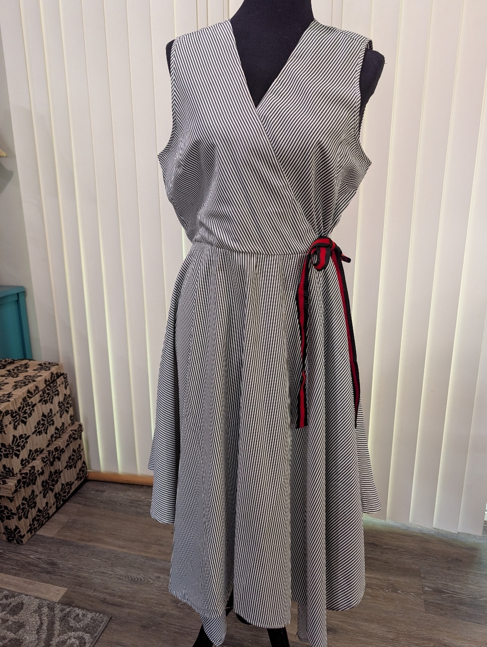 Mlle Gabrielle Navy And White Stripped Assymetrical Hem Dress